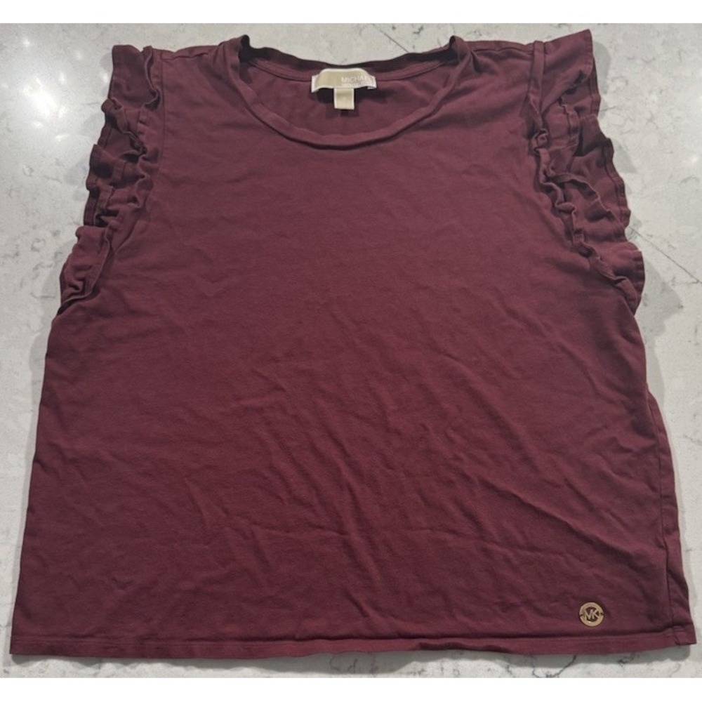 MICHAEL KORS Ruffle Sleeve Top Womens XL Burgundy Wine Cotton Modal Blouse